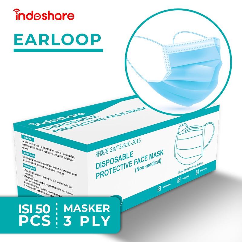 Indoshare Masker Earloop 3ply 1box isi 50pcs