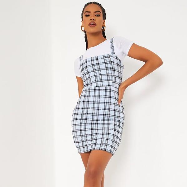 Baby Blue Crepe Check Pinafore Dress